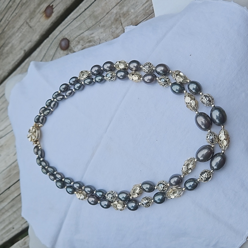 Vintage Three Strand Black/Gold/Faux Pearl Bead Necklace